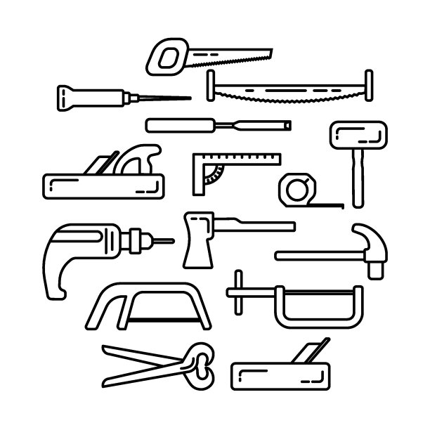 木工工具在白色背景上设置隔离。线条图标用于建筑、装饰、维修服务。工具包。出售,出租。手工具。购买锁匠，木匠，工头。图片下载