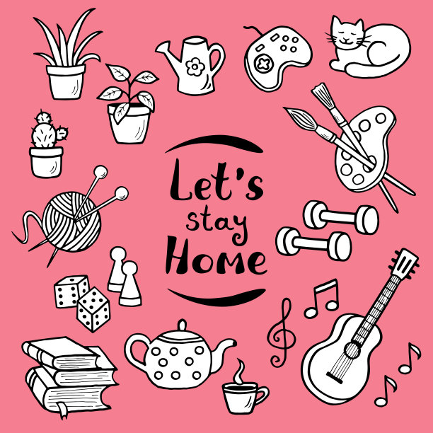 矢量手绘涂鸦家居活动，爱好上一个红色的背景。呆在家里图片下载