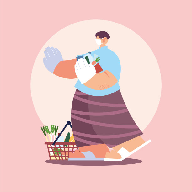 戴着医用口罩的男子在超市防范冠状病毒，保持社交距离图片下载