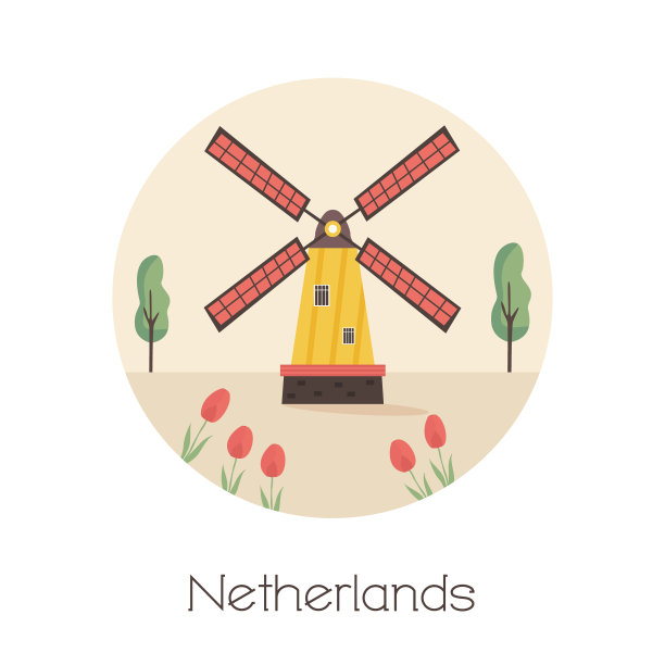 传统的乡村风车，荷兰的象征。矢量图图片下载