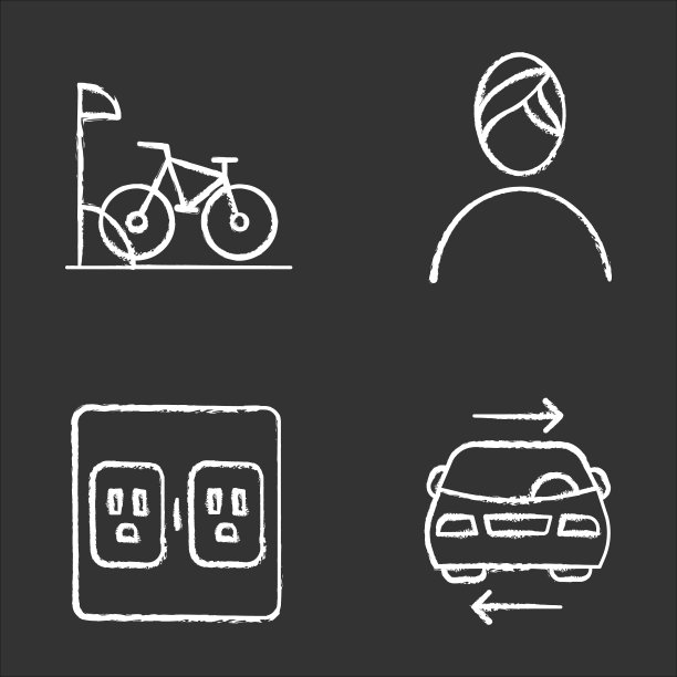 公寓设施粉笔图标设置。自行车停车场，水疗中心，共享汽车服务，充电点。住宅服务。居住居民的奢侈品。孤立矢量黑板插图图片下载