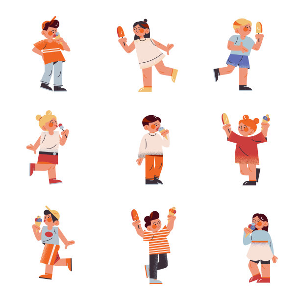 一套快乐儿童吃甜冰淇淋矢量插画图片下载