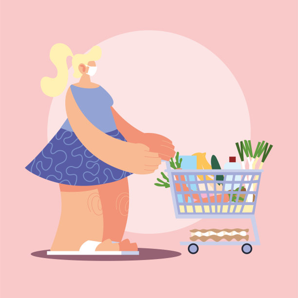 妇女戴着医用口罩在超市防范冠状病毒，保持社交距离图片下载