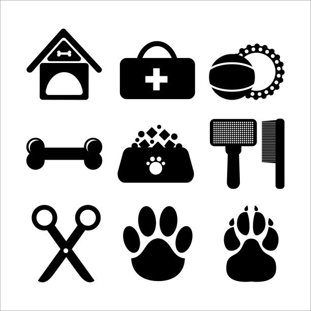 一套图标的宠物配件。展台，急救用品，玩具，骨头，食物，梳子，剪刀，猫，狗的痕迹。向量图片下载