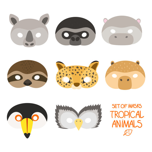 插图一套卡通热带动物嘉年华面具图片下载