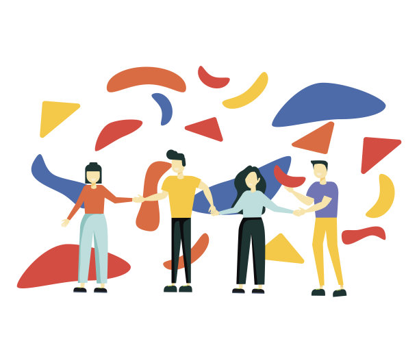 快乐的朋友手牵着抽象的几何形状在多彩的平面风格。不同种族的年轻人聚集在一起，在孤立的背景下参加社会活动。图片下载