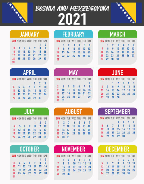 带有国旗的波斯尼亚和黑塞哥维那日历。月、日、周。色彩缤纷的调色板，时尚简约的平面设计。矢量插图背景为网络，桌面，商业，提醒，计划，排版图片下载
