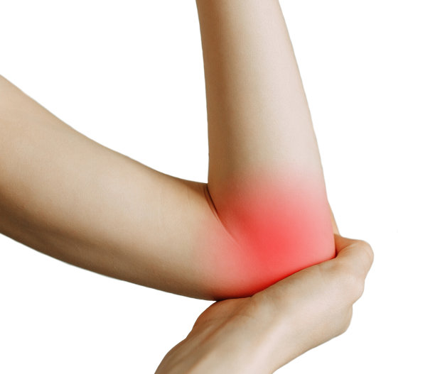 女孩的手臂痉挛。肘部受伤和工作疲劳。损坏区域，图像上的空白背景。图片下载