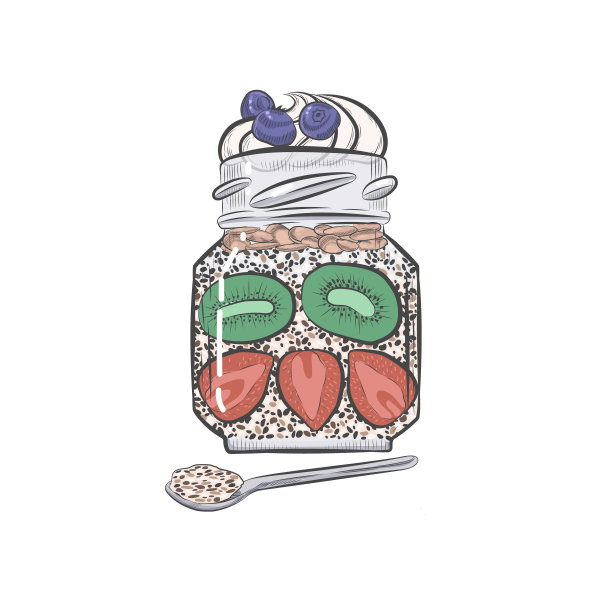 带浆果的布丁在玻璃罐子矢量素描。图片下载