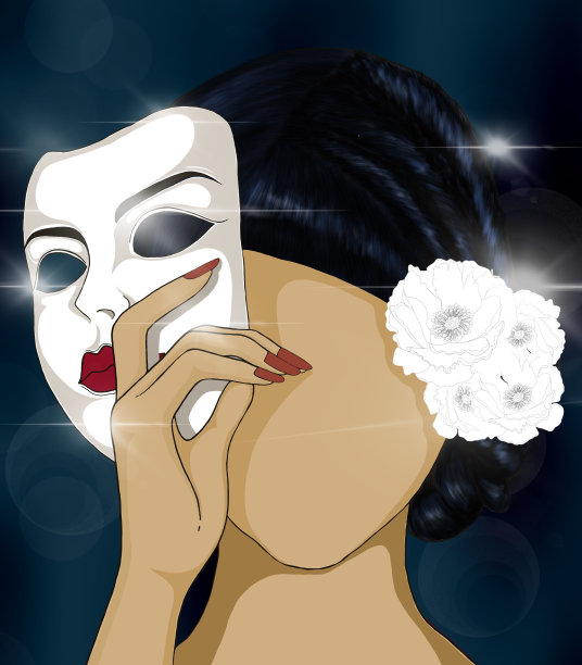 一个神秘的女士拿着狂欢节面具，模糊的散焦和深蓝色的背景，一个年轻美丽的亚洲女人，一个可爱的女孩的化身，数字绘画卡通插图。图片下载