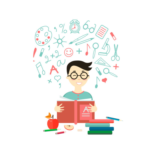 扁平风格的图标快乐亚洲男孩与一本书。图片下载