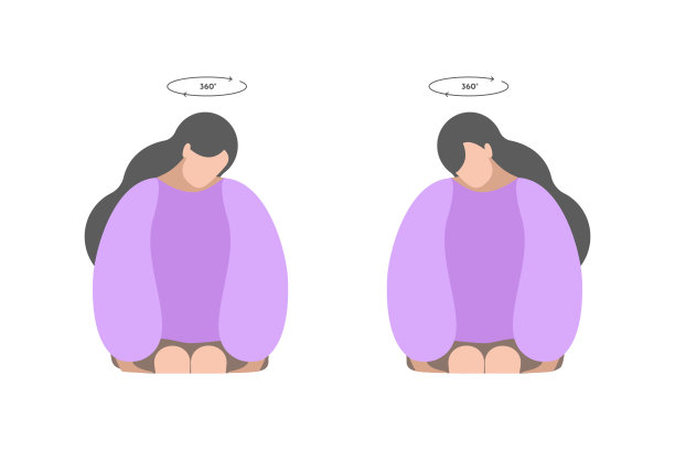 矢量孤立的平面插图。女孩颈部运动，头部向不同方向转动。创造性的概念。紫色的颜色。白色背景图片下载