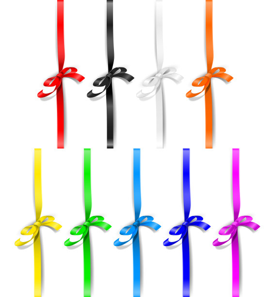 一套蝴蝶结与垂直扭曲的丝带不同的颜色。优雅的色彩设计元素，为活动装饰。孤立在白色背景上。图片下载