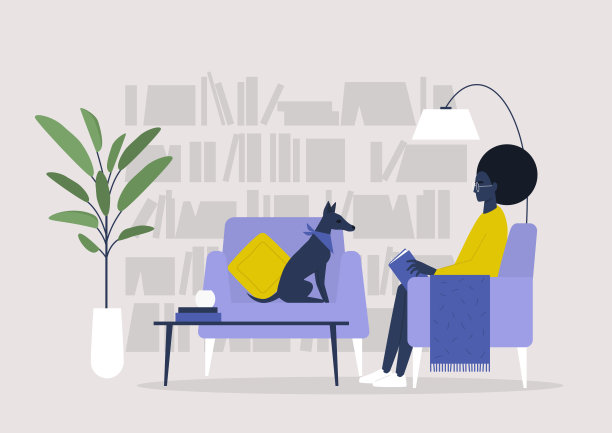 年轻的黑人女性角色在家庭图书馆看书，生活方式插图图片下载