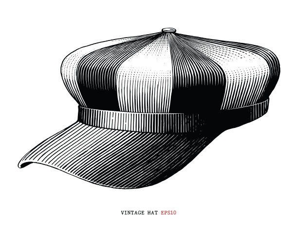 复古帽手画雕刻风格的黑白剪贴画孤立在白色的背景图片下载