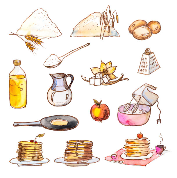 一套产品的图纸烹饪煎饼，水彩，钢笔图片下载