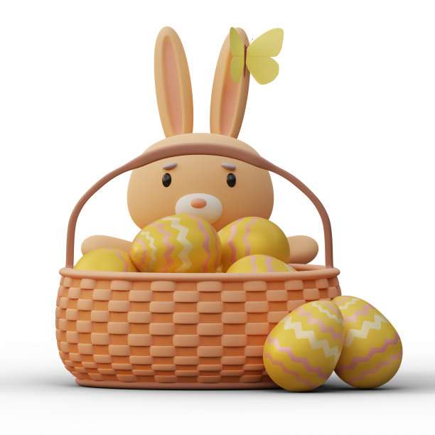 复活节兔子与篮子或篮子鸡蛋在白色的背景图片下载