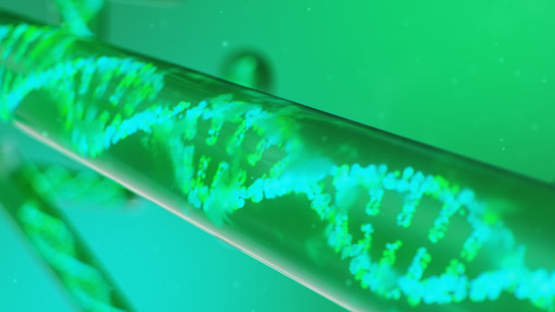 3D图解DNA分子，其结构。概念人类基因组。具有修饰基因的DNA分子。玻璃试管内具有液体的DNA分子的概念图。医疗设备。图片下载