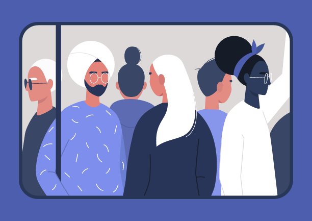 尖峰时间，一群形形色色的通勤乘客，透过火车车窗观看图片下载