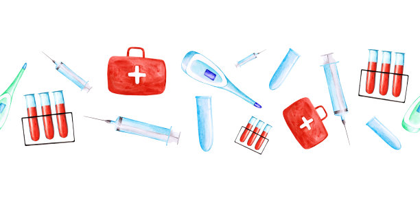 水彩医疗元素无缝边界上的白色背景。彩色手绘诊所图标(试管，温度计，医疗袋，注射器)无穷无尽的打印。墙纸。图片下载