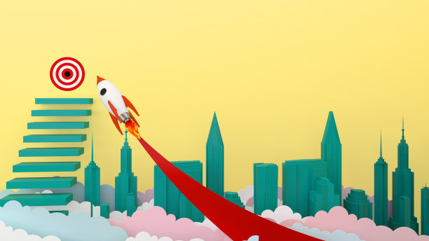 三维渲染等角图启动概念设计，抽象城市现代风格。团队工作的飞船发射启动和大的词。创意火箭和物体颜色收集。图片下载