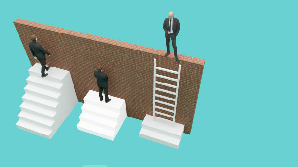 3d渲染等距图开始概念设计，自信的年轻商人站在楼梯顶上，他的同事跟着他。职业阶梯和竞争的概念。成功的捷径图片下载