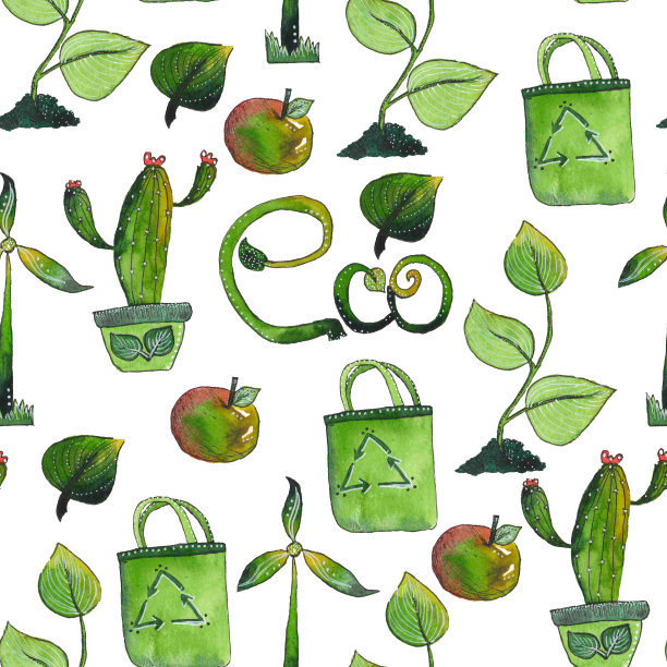 园艺水彩插图集。生态集绿色的叶子，字母，袋子，植物图片下载