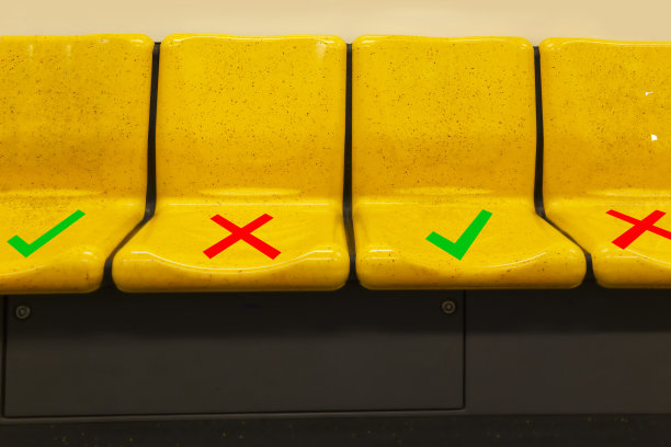 BTS空中列车乘客座位上的社交距离标志。保持距离，预防COVID-19冠状病毒疾病。关于新冠肺炎在公共交通中的爆发和预防的想法。图片下载