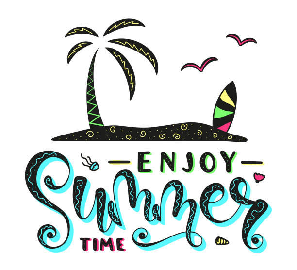 享受夏天。用手掌手写的字母。书法短语，彩色文字孤立在白色背景。夏季排版照片叠加，t恤打印，传单，海报设计。图片下载