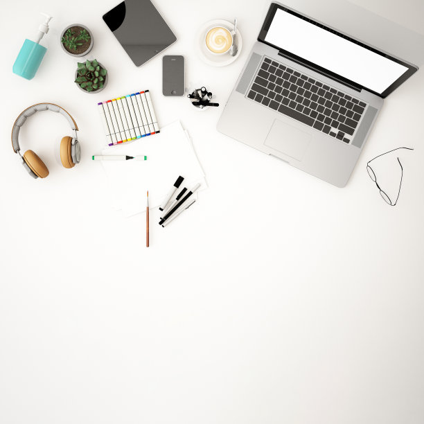 白色桌面电脑屏幕俯视图，工作空间，工作背景，工作室内部，在家工作，3d渲染，3d插图图片下载