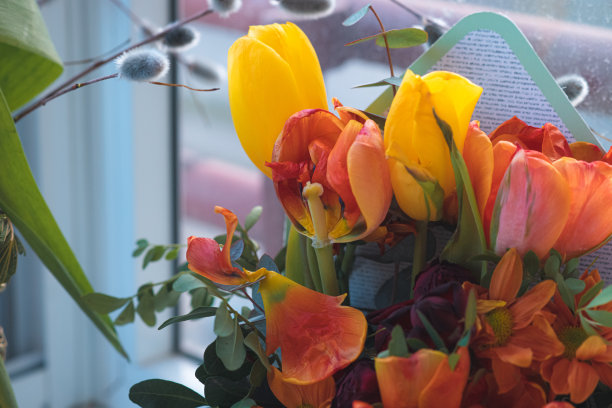 春天和节日的概念-美丽的橙色人造郁金香图片下载