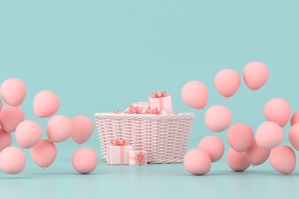 粉彩背景上的粉色气球环绕在篮子里的礼物盒的最小概念。三维渲染素材图片