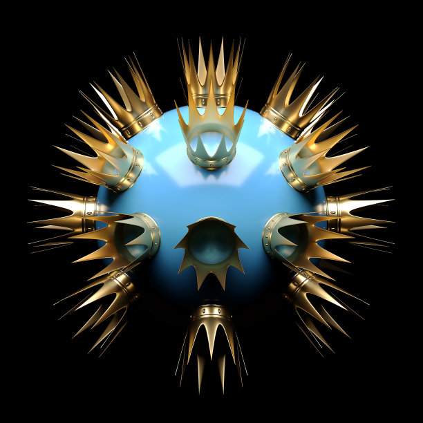 金色的皇冠散布在黑色背景上的一个蓝色的圆球上。三维渲染图片下载
