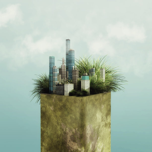 一对地球上的城市。城市里的草穿过建筑物生长。生态友好城市概念。这是一个3d渲染图。图片下载