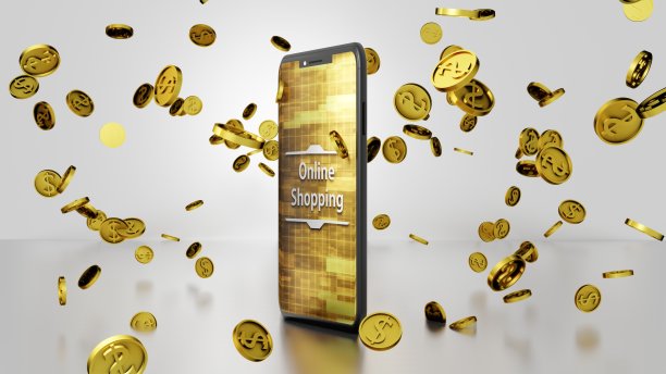 8K网上购物3D渲染智能手机和金元硬币下落和弹跳在地板上与抽象数字显示屏幕Ver.2图片下载