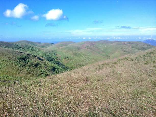 一片碧绿的草原风光。草地覆盖着群山，背景是天空。图片的标题与复制空间。图片下载