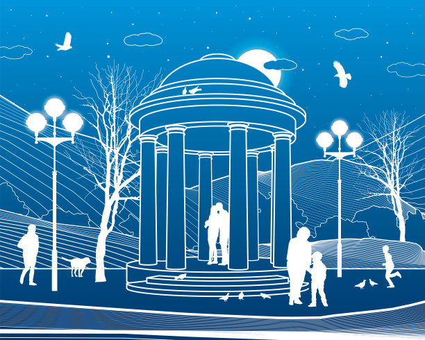公园基础设施插图。花园的房子。人们在大自然中散步和放松。晚上的城市场景。蓝色背景上的白线。矢量设计艺术图片下载