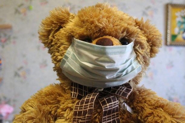 医用口罩和测量检疫疫情期间玩具熊体温的温度计图片下载