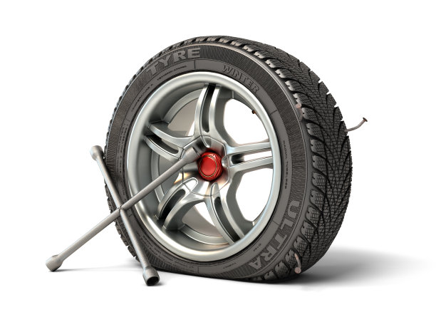 轮胎装配概念车轮冲压与一个钉子和气球键旁边的白色3d渲染图片下载