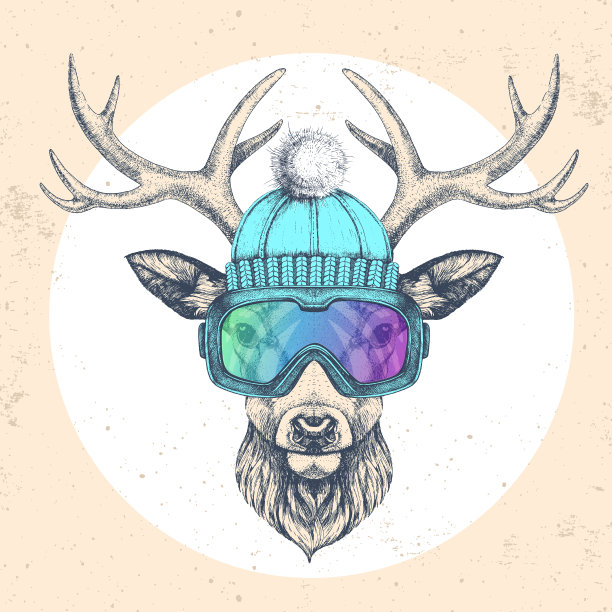 时髦的动物鹿戴着冬季帽和滑雪板护目镜。手绘鹿口图片下载