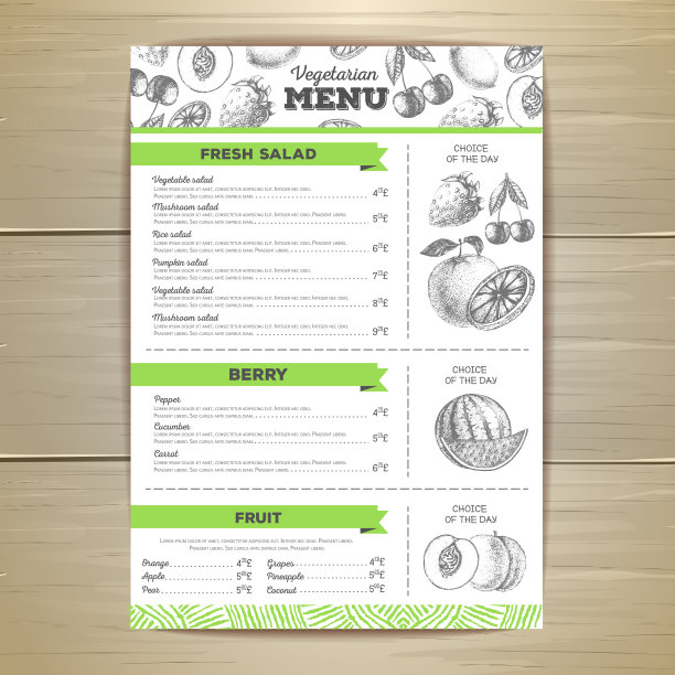复古素食菜单设计。新鲜水果草图图片下载