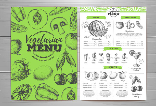 复古素食菜单设计。新鲜水果草图图片下载