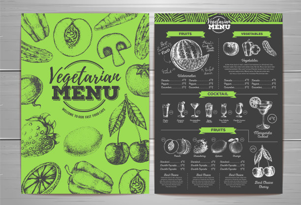 复古素食菜单设计。新鲜水果草图图片下载