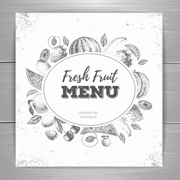 复古垃圾素食菜单设计。新鲜水果草图图片下载