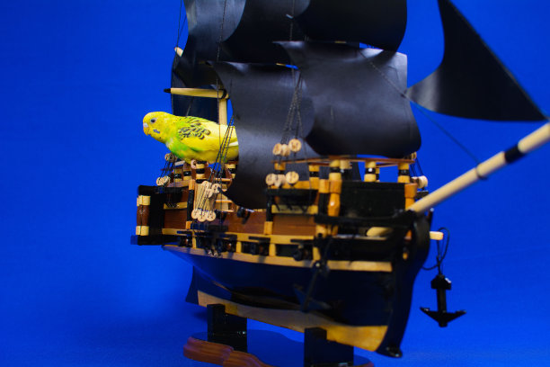 手工制作的海盗战舰的木制模型，上面坐着一只鹦鹉。图片下载