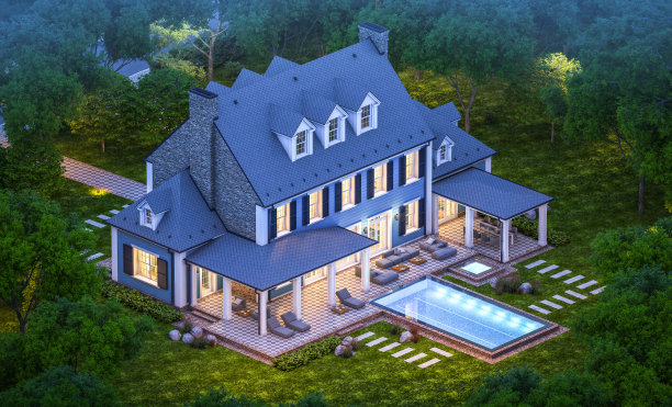 殖民风格的现代古典住宅的3d渲染图片下载