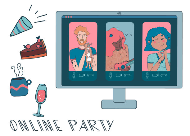 新冠肺炎疫情期间与在家工作的人员举行在线聚会或视频会议。矢量插图与宠物，派，茶，酒和女孩玩尤克里里。图片下载