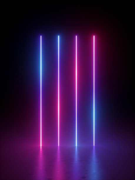 在黑色背景上隔离的垂直发光线的3d渲染。霓虹灯的光线。抽象最小几何设计。虚拟现实，未来图形。紫外光谱。图片下载
