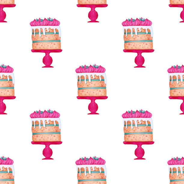 水彩蛋糕在一个粉红色的支架无缝模式在白色的背景。手绘甜点与白色奶油，黑莓，和粉色蛋白糖霜无尽的打印为您的设计。墙纸。图片下载