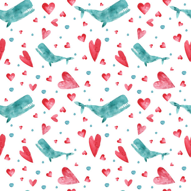 水彩手绘无缝模式与鲸鱼，气泡和心脏。图片下载